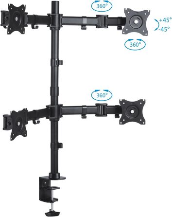 Кріплення для монітора PureMounts для 4 моніторів, 17-32 дюйми, до 8 кг, VESA 75/100, 360° оберт, регулювання висоти та нахилу, чорний
