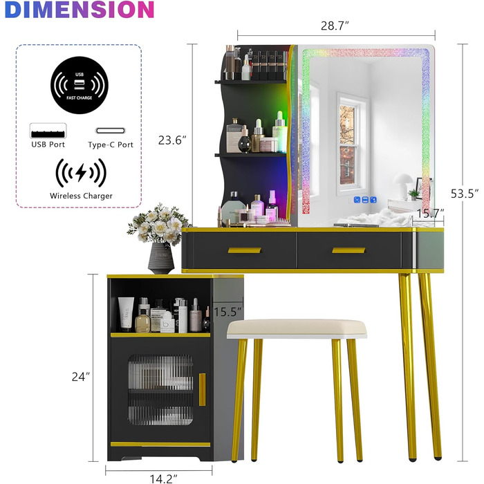 Туалетний столик Lvifur RGB зі світлодіодом, дзеркало, табурет, ящики, USB-порт для спальні (чорний)