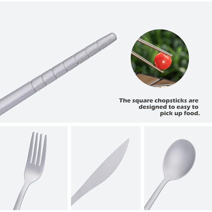 Набір столових приладів iBasingo Titan для кемпінгу: ложка, виделка, ніж, палочки для їжі. Металевий набір для відпочинку та подорожей Ti1056T