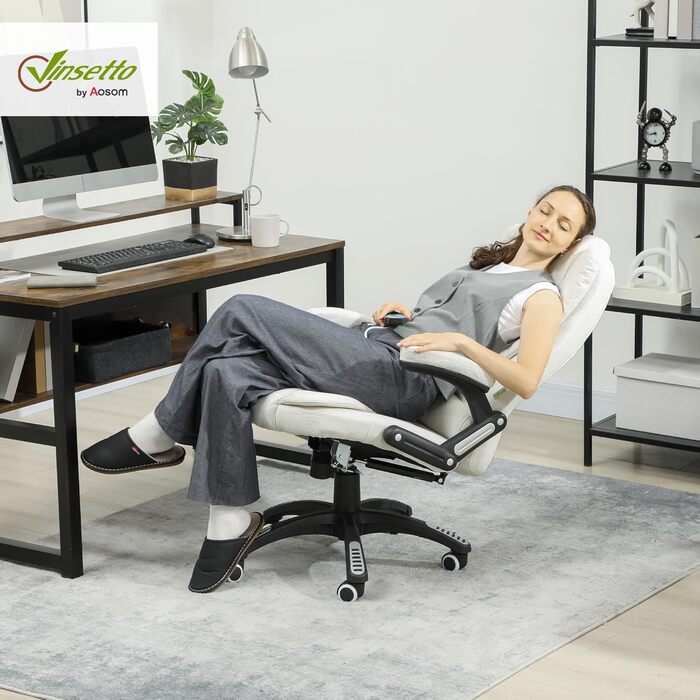 Крісло офісне Vinsetto з масажем, підігрівом та регулюванням нахилу. Ергономічне крісло для начальника з підлокітниками, функцією лежання, обертання на 360° та бічною кишеню. Обивка з льону, кремово-білий колір. Матеріал: 100% поліестер.