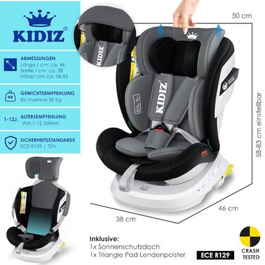 Автокрісло KIDIZ® i-Size ECE R129 для дітей 0-12 років (0-36 кг), 360° обертання, Isofix, Top Tether, 5-точкові ремені, з сонцезахистом, чорне