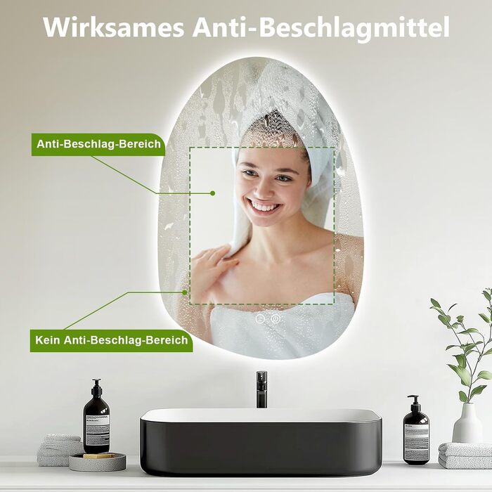 LED дзеркало для ванної кімнати з підсвічуванням, 70 x 50 см, холодний білий (6000K), енергозберігаюче, диммер, антизапар