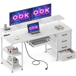 Письмовий стіл ODK з 4 шухлядами, комп'ютерний стіл з 2 розетками та 2 USB портами, стіл для ПК з полицею, ігровий стіл з висувною полицею для клавіатури, для офісу та вітальні, білий, 160x52 см