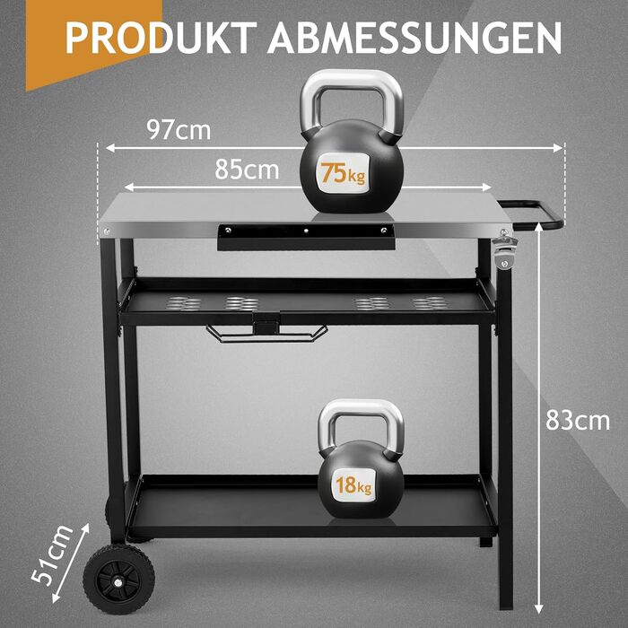 Гриль-візок LEADZM: гриль-стіл для вулиці, 95 x 45 x 83 см, стіл з нержавіючої сталі срібного кольору, на колесах, мобільний, сервісний візок для садів, чорний (97x51x83 см)