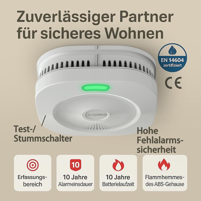 Пожежні сповіщувачі для дому та офісу з фотоелектричним датчиком на 10 років, оптичний димовий сповіщувач, 5 років, працює від батарейки, 2 шт.