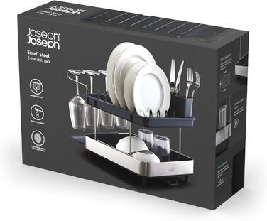 Сушарка для посуду Joseph Joseph Extend з нержавіючої сталі, висувна, компактна, з підставкою для столових приборів та поворотним зливом (2 яруси, сіра)