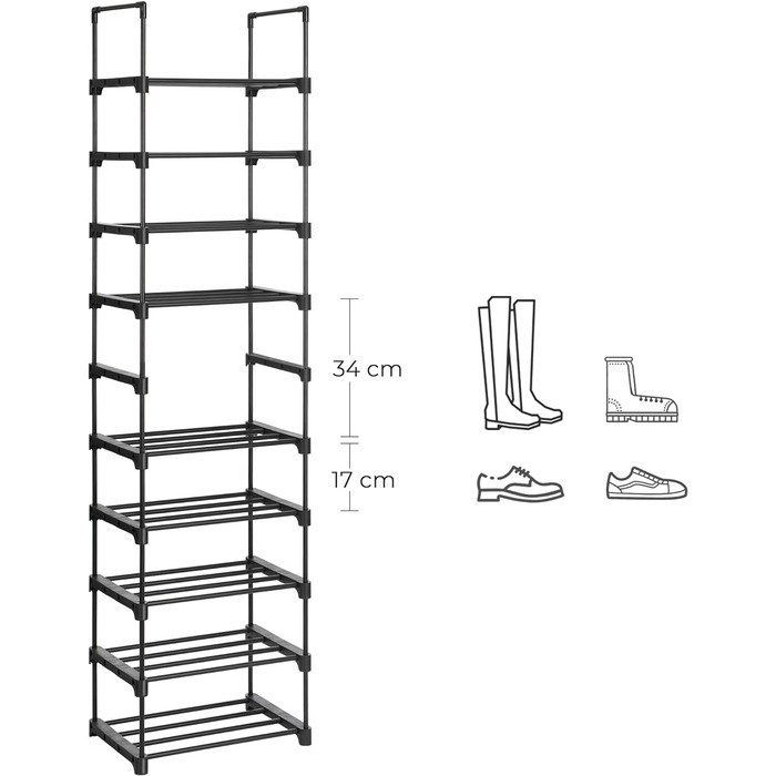 Полиця для взуття 4 яруси, Він набір, Підставка для взуття металева, Місце для зберігання взуття, Органайзер для взуття 16-0 пар взуття, штабельований, для передпокою Вітальня Спальня, 30 х 9 х 74 см, чорний LSA08BK 4 рівні (30 х 9 х 74 см) (2,5 рівні (30