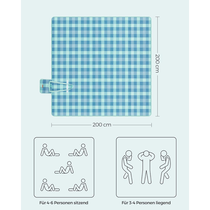 Ковдра для пікніка SONGMICS, 200 x 200 см, з 4 земляними анкерами, велика, кемпінгова ковдра, для парку, саду, пляжу, водонепроникна, складна, зелено-блакитна GCM011Q02 200 x 200 см Синій