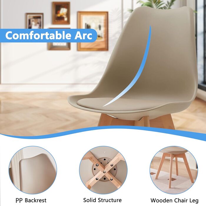 6 стільців для їдальні GrandCA HOME: дерев'яні, в стилі ретро, з м'яким сидінням, бежевого кольору