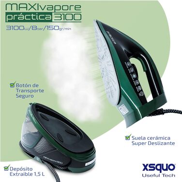 Прасувальна станція XSQUO Useful Tech Maxivapore Practica 3100, 8 бар, 150 гр/секунда безперервної пари, сталь, алюміній, пластик, зелений, чорний