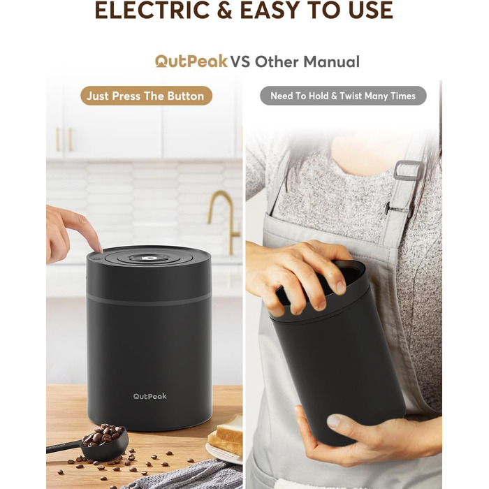 OUTPEAK Neo 2025 Kilo Auto-Vakuum-Kaffeedose: Контейнер для кави з автоматичним вакуумом, 1,5 л, для 500 г кавових зерен, з нержавіючої сталі, для бариста, чорний матовий (SG750)