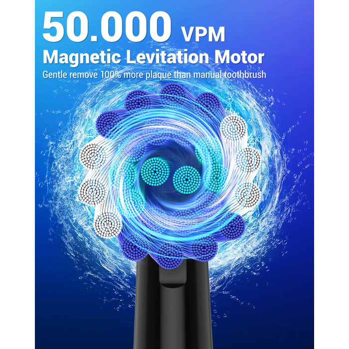 Електрична зубна щітка ротаційного типу для дорослих та дітей з 8 насадок, зарядний станція з кріпленням на стіну, 5 режимів чищення та дорожній футляр, 60 днів роботи від акумулятора, чорний