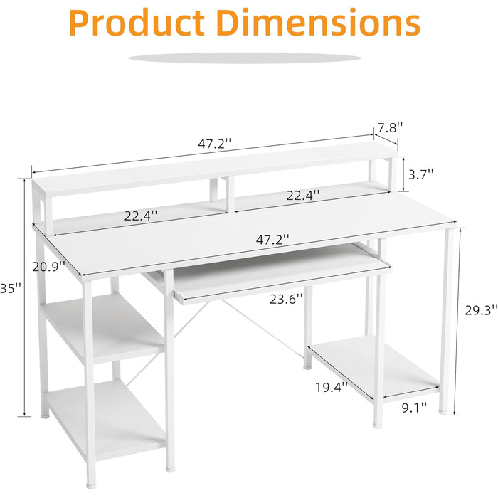 Комп'ютерний стіл для дому та офісу з підставкою для клавіатури, геймінговий стіл з підставкою для монітора та CPU-стійкою, сучасний стіл для навчання та роботи, білий, з полицями
