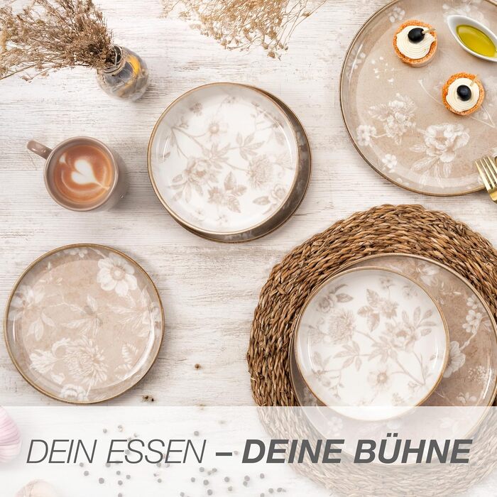 Набір посуду Moritz & Moritz MARIELLA Steingut 48 предметів для 12 осіб - Сучасний сервіз з кераміки бежевого кольору з вишуканим дизайном, легкий у догляді, включає тарілки, чашки, миски та інше.