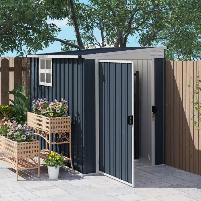 Outsunny Металевий садовий сарай 2,7 м² 128x193x181 см Садовий сарай з моноскатним даховим вікном Двері, що замикаються, стійкий до погодних умов Садовий сарай на відкритому повітрі для заднього двору Темно-сірий | Аосом