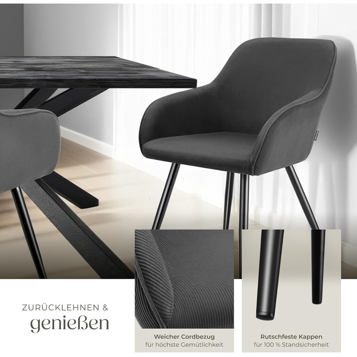 Тектейк® 4x зручний стілець для їдальні з підлокітниками, оббитий, крісло-пуф, lounge стілець для вітальні, їдальні, сучасні кухонні стільці, офісний стілець - (набір 2 шт, антрацит/чорний)