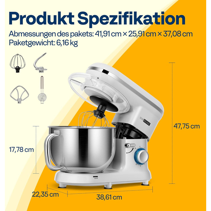 Кухонна машина VIVOHOME 5.7L з місткістю 5.7 літрів, потужністю 660W, 10 швидкостей, функцією імпульсу, для замішування тіста, з бризковим захистом, містить гак для тіста, вінчик та роздільник яєць (срібна)