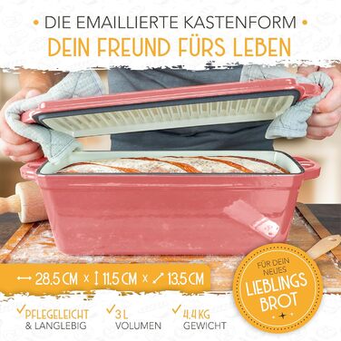 Форма для випікання хліба з емальованого лиття заліза з кришкою та кошиком для підйому тіста - 28 см, рожева