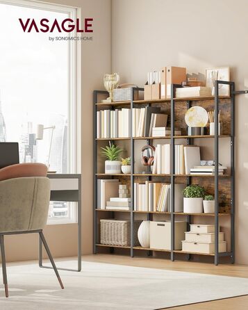 Стелаж VASAGLE з 5 полицями: для кухні, офісу, вітальні. Сталевий каркас, індустріальний дизайн, розмір 24x128x154,1 см, колір vintagebraun-tintenschwarz