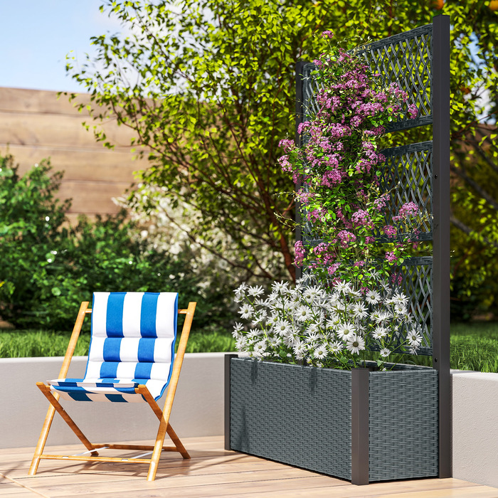 Підвищене грядка з опорою для ліан у стилі ротангу, ящик для квітів з підпірками, 90 x 35 x 148 см, темно-сірий