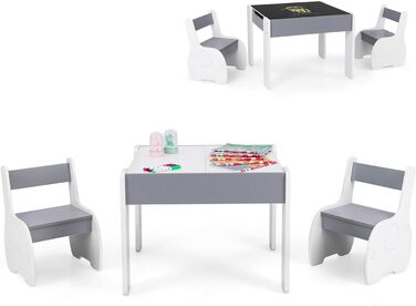 Дерев'яний дитячий стіл з 2 стільцями DREAMADE, 3-х частинний набір меблів для дітей, стіл з двосторонньою поверхнею та місцем для зберігання, набір меблів для хлопчиків та дівчаток (білий, світло-сірий)