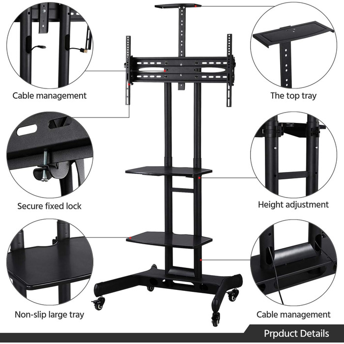 Візок для телевізора Yaheetech 32-65 дюймів VESA від 200x200 до 600x400 мобільний регульований 3 полиці з гальмом