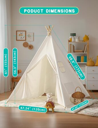 Дитяче намет Wilwolfer Tipi: намет-типі, ігровий будиночок для дітей, сумка для зберігання, полотняний намет для гри в приміщенні та на вулиці