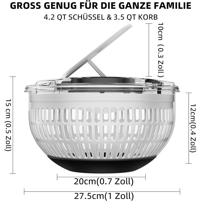 Салатниця-швидкосушарка з нержавіючої сталі 4.2L з мискою та кришкою, для салатів, овочів, зелені, ягід