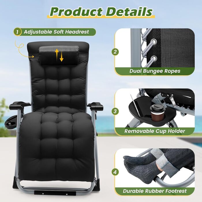 Розкладне шезлонґ для саду та басейну, широке крісло для відпочинку 72 см, з подушкою, чорний, витримує до 200 кг