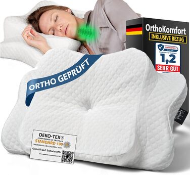 Ортопедична подушка OrthoKomfort® Memory Foam для сну на боці та спині | З піною Memory Foam | Сертифікована Oeko-TEX | Знімний чохол | Для здорового сну без болю | Біла подушка