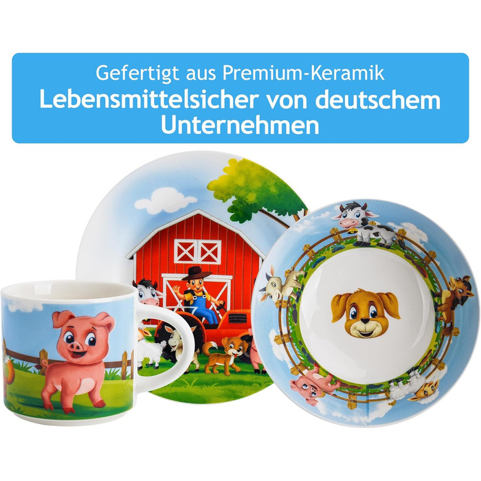 MIAMIO Набір дитячого посуду з порцеляни (3 шт.) - Тарілка, миска, чашка - Для дітей та малюків (Ферма)