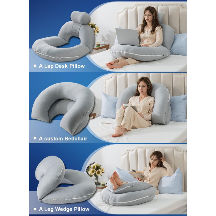 Підкова для читання INSEN: спинка для сидіння в ліжку, для читання, відпочинку, мам та дітей. Охолоджуюча підкова сірого кольору з охолоджуючими смугами