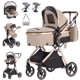Дитяча коляска Zkipm 3 в 1: комплект з люлькою, автокріслом, шасі, регульована спинка, великий капюшон, до 15 кг, 0-3 роки, бежевий хакі