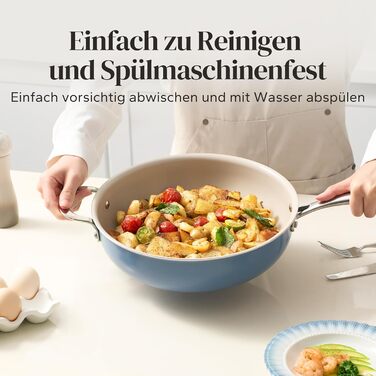 Сковорода Redchef 28 см з кришкою, антипригарне покриття, керамічна сковорода для індукції, з нержавіючою ручкою, без PTFE, PFOA, PFAS, для духовки, придатна для миття в посудомийній машині (Блакитна)