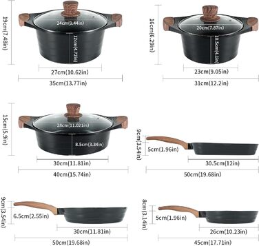 Індукційний набір каструль 14 предметів з антипригарним покриттям, всі типи варильних поверхонь, каструлі, сковорода, деко, кухонне приладдя Noir