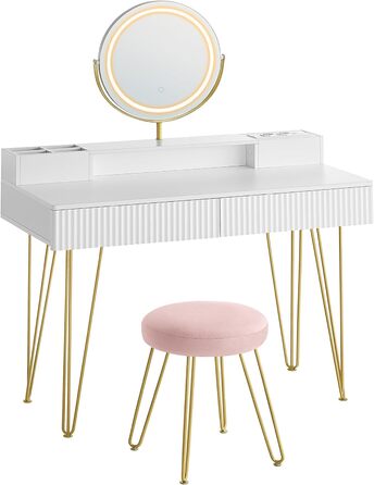 VASAGLE Тоалетний столик з пуфом та підсвічуванням, розеткою, дзеркалом, 40 x 80 x 134,8 см, з шухлядами, м'який пуф, матовий білий, RVT019W01
