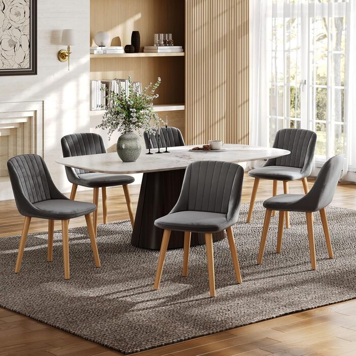 Набір обідніх стільців з дерев'яними ніжками, з м'яким сидінням, для кухні, вітальні, офісу (6 шт., темно-сірий)