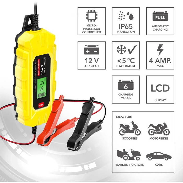 Універсальний зарядний пристрій TROTEC 12V для автомобілів, мотоциклів, будинків на колесах, тракторів, IP65 (PBCS 4A)