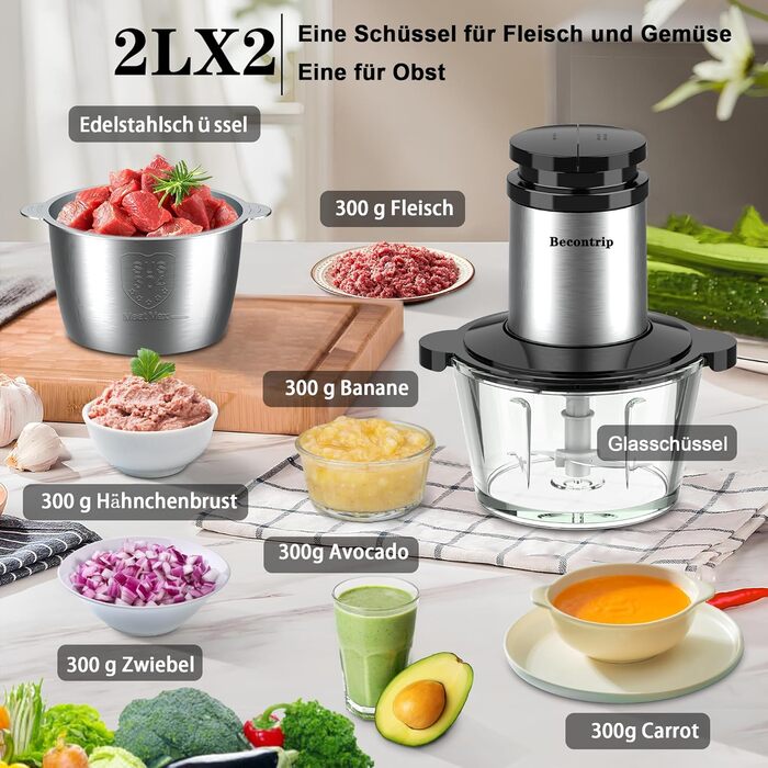 Електричний подрібнювач для кухні [500W] з нержавіючою сталлю, 2L чаша (скло+нержавіюча сталь) – кухонний комбайн для дитячого харчування, м'яса, овочів, цибулі (мідний двигун)