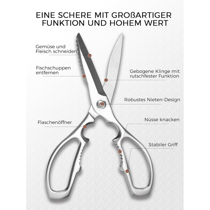 Кухонні ножиці важкі – з нержавіючої сталі 3Cr14, міцні для м'яса, птиці та овочів, з відкривачем пляшок, придатні для миття в посудомийній машині, 22,8 см, 5 років гарантії, сріблястого кольору