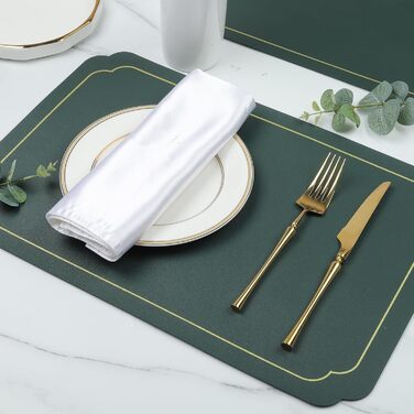 Набори підставки під тарілки Fanquare, 6 шт., зелені, прямокутні, з штучної шкіри, з золотим кантом. Стійкі до тепла, миючіся, неслизькі підставки для обіднього столу, весільної декоратації. Розмір: 45 * 30 см