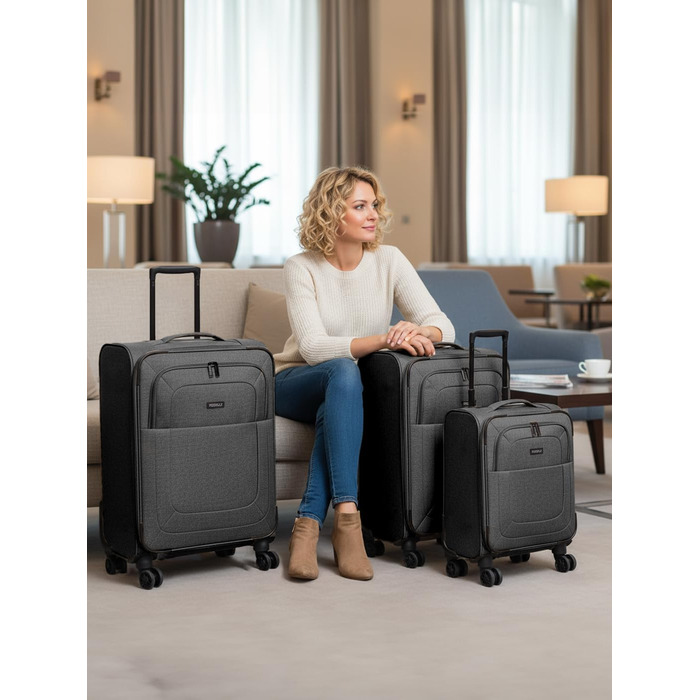 Набір тканинних валіз REDOLZ Essentials 12 (3 шт.), чорні дорожні Trolley з 4-ма подвійними колесами, TSA-замком та функцією розширення