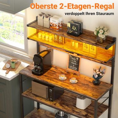 Кухонна полиця-стійка з розеткою, підставка для мікрохвильовки, 5-ярусна кавобар з LED-підсвічуванням, полиця для спецій, каструль та сковорідки, коричнева, 80 см