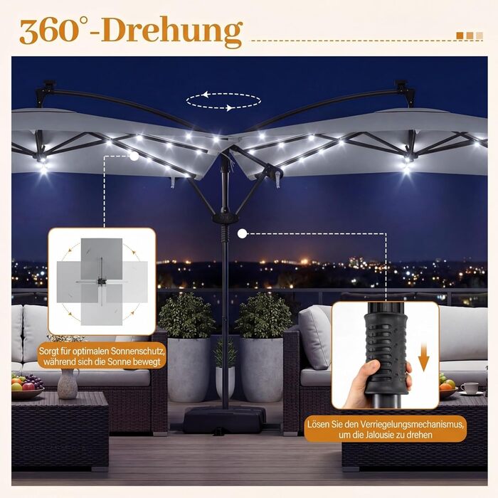 Садова парасоля від COSTWAY 250 см, квадратна з LED-підсвіткою, стійкою та ручним приводом, захист від UV, бежевий