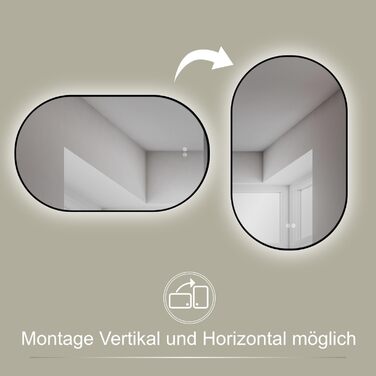 Дзеркало LED HOKO Design ANTIBESCHLAG овальне 45x75 см Bologna+ Metall Rahmen Schwarz. LED підсвічування, сенсорна кнопка, регулювання кольору світла (тепле біле, холодне біле, нейтральне), антизапарник, монтаж HOCH+QUER, 75L x 45B см