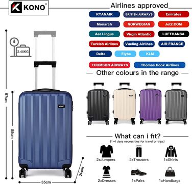KONO Легкий ручний багаж, 55 x 35 x 20 см, з жорстким корпусом, ABS, 4 колеса, Navy Blue