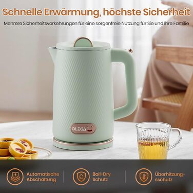 Електричний чайник OLEGA 1.8L, 1800W, з автоматичним відключенням та захистом від сухого кип'ятіння, нержавіюча сталь 304, без BPA, зелений