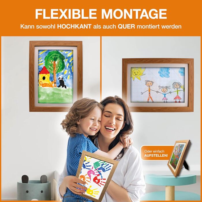 BALA® Преміум рамки для фотографій - 2 шт. A4, для дитячих малюнків, з фронтальною відкриваністю та кріпленням для підвішування/ставлення, 120+ фото, дерево