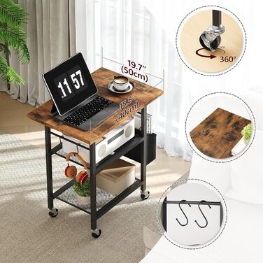 Трирівневий стіл для принтера з ящиком, контейнер на коліщатках, стійка для принтера, полиця для зберігання, в стилі індустріального лофту, з бічною кишенею, дерев'яна полиця, 2 S-гачки, для домашнього офісу, рустикально-коричневий та чорний, APTHR2501, 5