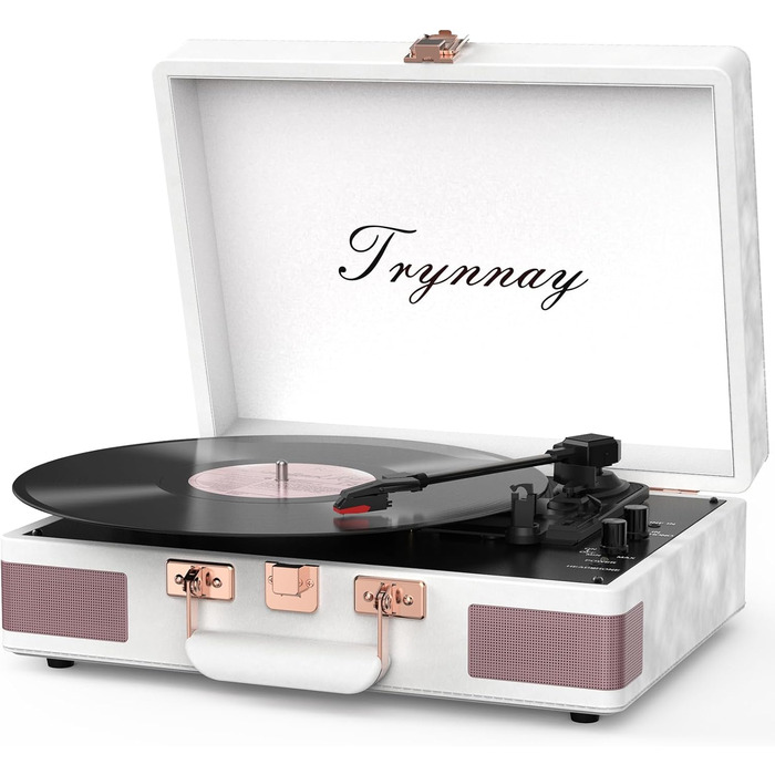 Вініловий програвач Trynnay 3-швидкісний з Bluetooth, портативний програвач у валізі з вбудованими динаміками, покращене аудіо, білий PU-шкіра